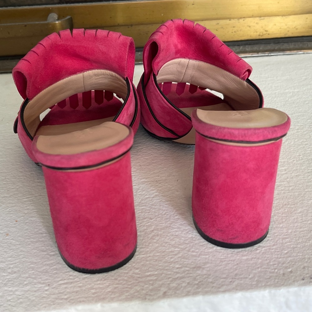Gucci Hot Pink Suede Fringe Double G Block Heel Mules - Picture 13 of 16